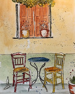 Patio Scene - pen and mixed media 8 x 10    $150